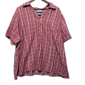 Liz & Me Women Shirt 3X Pink Textured Plaid Boho Cottagecore Resort Coastal
